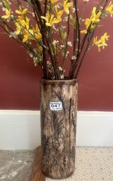 Vintage Pottery Tall Vase With Yellow Signed Fred Devlin & White & Yellow Silk Florals, 4' X 3' X 12'H (Vase)