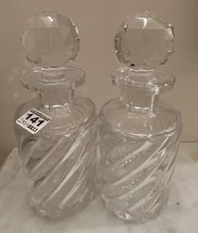 2 Pcs Quality Antique PR Matching Round Cut Crystal Whisky Decanters With Numbered Stoppers, 3.75' DIam X 8.5'