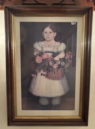 Antique Framed Picture Of Girl With Flower Basket In Walnut Frame With Gold Accents, 24' X 2.5' 34'H