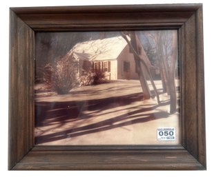 Framed Photograph Of White Farmhouse In Winter, 12.75' X 10.75'H
