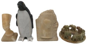 4 Pcs Vintage Carved Marble Or Soapstoen Statues, Nefertiti, Penguin, Rennasanice Woman & Elepahnt Ring