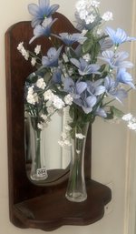 Country Style Wooden Mirrored Wall Shelf, 11' X 7.5' X 23'H, With Vase & Blue & White Silk Florals