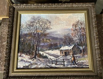 Vintage Oil On Canvas Of Winter Scene, Sign HJ Daniels, 31.5' X 27.5'H