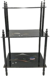 Diminutive Vintage Japanese Black Lacquered And Painted Chinoiserie 3-Tiered Stand, 17' X 12' X 29'H