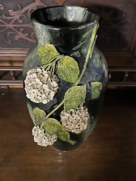 Large Impressive Studio Pottery Vase With Raised Hydrangeas, 10' Diam. X 12.5' X 18'H