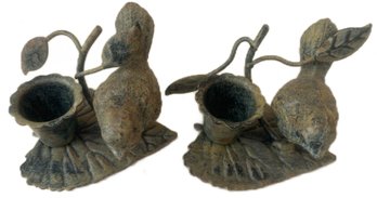 2 Pcs Pair Bird And Leaf Themed Single Candlestick Holders, 3' X 2.5' X 2.25'H