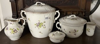 5 Pcs Antique Chamber Pot & Pitcher, Purple Violets, 10' X 14' X 12'H
