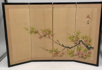 Vintage Signed Japanese Table Top 4-Panel Brass Bound Folding Screen With Painted Paper, 27' X 17.75'H