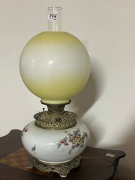 Antique Electrified GWTW Kerosene Lamp With Hand Painted Font & Ombre Yellow-White Globe, 9.5' Diam. X 21.5'H