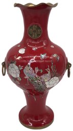 Gorgeous Vintage Korean Ox Blood Red Enamel Over Brass Presentations Vase With Mother Of Pearl Accent
