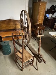 Large Antique Spinning Wheel & Ladder Back Woven Seat Chair,45' Diam. Wheel X 69' X 20'E X 57.75'H