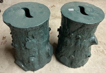2 Pcs Matched Pair Vintage Pair Tree Trunk Form Garden Seats In Green Paint, 12' Diam. X 17.5'H