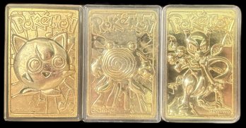 3 Pcs 1999 Gold Plated POKEMON Cards, Jigglypuff, Mewtwo & Poliwhirl, Burger King Nintendo, Ungraded