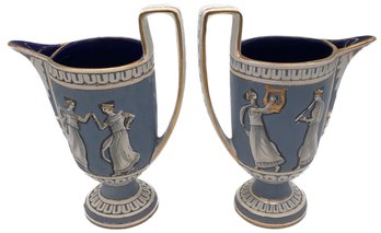 Vintage Pair (2) Matching Deruta Italy Neoclassical Grecian Urn Ewers, Cobalt Blue Interior, 4' X 7' X 9.25'H