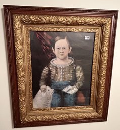 Large Antique Framed Edwardian Lithograph Of Boy & Dog In Fabulous Wood & Gold Gesso Frame, 26' X 30'H