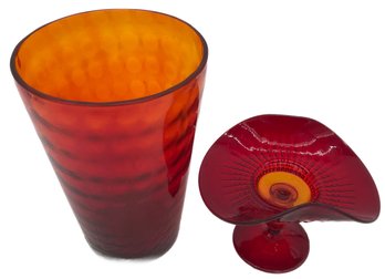 2 Pcs Vintage Amberina Glass, Thumbprint Vase 5-3/8' Diam. X 8'H & Compote Pinched Sides 6' X 4.75' X 4.5'H