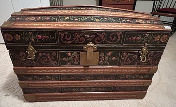 Incredible Refurbished Bavarian Painted Antique Steamer Trunk With Tray, 32.5' X 18.5' 22'H