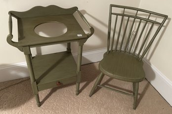 2 Pcs Antique Green Painted Wash Stand, 22' X 15.25' X 31'H & Matching Spindle Back Side Chair