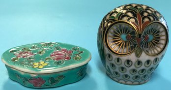 2 Pcs Vintage Chinese Items, Small Oval Porcelain Trinket Box (2.5' X 1.75' X 0.5'H & Cloisonne Owl 2'X2'x2'