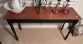 Vintage Hitchcock 2-Tone Table With Black Lacquered Apron On Turned Legs And Stained Top, 52' X 16' X 29.5'H