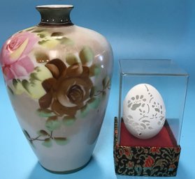2 Pcs Antique Japanese Imperial Nippon Hand Painted Vase And Carved And Chicken Egg Shell In Acrylic Case