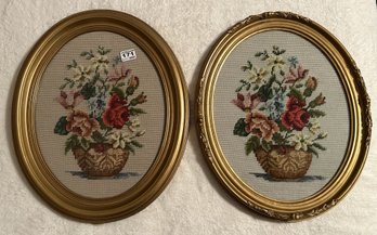 2 Pcs Matched Pair Oval Gold Framed Floral Needlepoint, 10' X 12'H