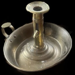 Antique Brass Bedroom Chamber Push-Up Candlestick Holder, 7.75' Diam. X 5.5'H