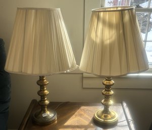2 Pcs Pair Vintage Brass Turned Column Lamps, 16.5' Diam. X 29'H, Wear To Shade