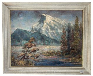 1961 Wonderful Framed Oil On Board Of Jagged Mountains And Lake Scene, Signed WC MacQuown, 32.5' X 26.5'H