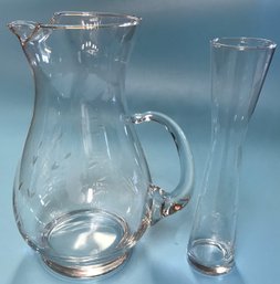 2 Pcs Vintage Etched Crystal, Pitcher With Applied Handle 6' Diam. X 7.5' X 10'H & Bud Vase 2' Diam. X 9.5'H