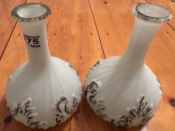 2 Pcs Antique White Squat Vases With Green Design, 6' Diam. X 8'H