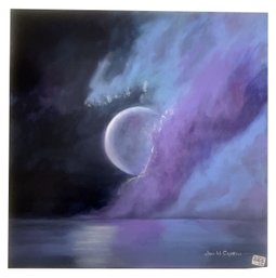Oil On Canvas Of Purple Moon Over Water, Signed Jan H. Croteau, 24' X 24'H, Unframed, Stretcher Also Signed