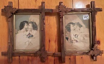 Antique Pair Matching Oak Arts & Craft Oak Leaf Framed Lithographs Of Children