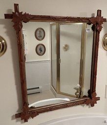 Large Antique Oak Arts & Craft Oak Leave Framed Mirror, 24' X 26.5'H