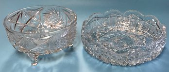 2 Pcs Vintage Crystal Bowls, Exquisite Sharp Cut Low Bowl 9' X 2.75'H & 3-Footed Bowl 7.5' Diam. X 4'H