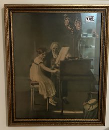 Antique Lithograph Of Girl At Piano Lesson In Wonderful Frame, 14.5' X 17.5'H