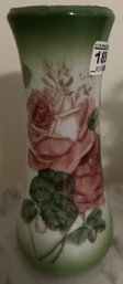 Antique Hand Painted Vase With Green Rim & Base & Pink Roses, 4' Diam. X 9'H
