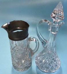 2 Pcs Tall Gorgeous Vintage Crystal Ewer Pitchers Applied Handles