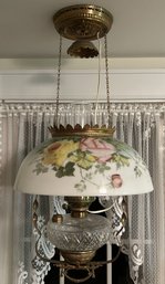 Beautiful Antique Electrified Hanging Kerosene Lamp With Rose Painted Shade, 14' Diam. X 27'H