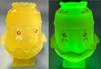 Vintage Yellow Uranium Glass Fairy Candle Lamp With Enameled Flower Decoration, 4.75' Diam. X 6.6'H