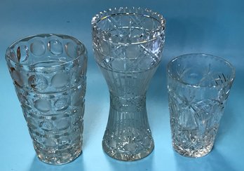 Trio (3) Spectacular Vintage Heavy Cut Lead Crystal Vases, Tallest 5' Diam. X 11.75'H