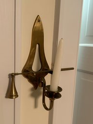 Vintage Brass Mounted Candle Holder And Snuffer, 10' X 4.5' X 11'H