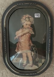 Antique Nicely Framed Art Deco Lithograph Of Girl In Pink Dress With Dog Under Curved Glass, 12' X 18'H
