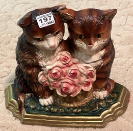 Large 20thC Cold Painted Pair Cats & Floral Door Stop