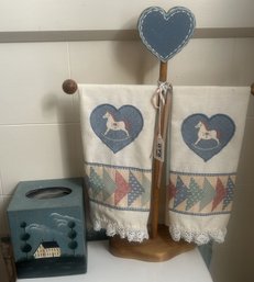 Tole Painted Tissue Box Cover 5' X 5' X 5.5'H & Heart Themed Hand Towel Holder With Rocking Horse Towels
