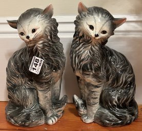 Vintage Pair Opposing Glazed Ceramic Cats In Staffordshire Style