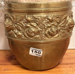 Vintage Brass Barrel Shaped Pot With Repousse Design And Silk Floral Arrangement