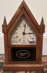 Vintage New England Clock, Steeple Mantle Clock With Reversed Painted Gold Eagle, Battery Operated