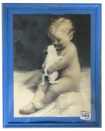 Bessie Pease Gutmann Print Of Picture Of Baby With Puppy, In Blue Frame, 11.75' X 14.75'H