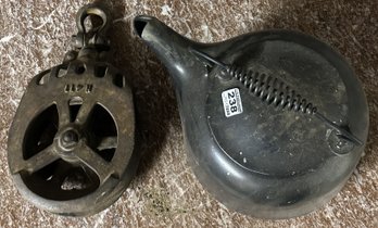 2 Pcs Cast Iron - Pulley & Camp Fire Water Or Coffee Pot, 9.75' Diam. X 12.25' X 11.5'H (Top Of Handle)
